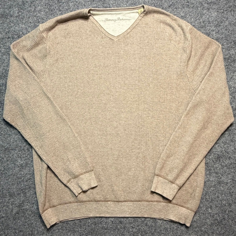 Tommy Bahama Sweater XL Tan Ribbed Knit V-Neck Cotton Pullover